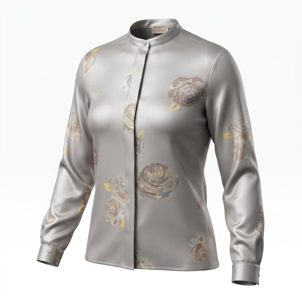 Vtg Jones New York Blouse Womens 12 Gray Floral Satin Hidden Button Hong Kong